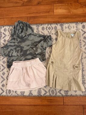 Old Navy Girls Beige Pinafore Dress with Camo Hoodie and Tan Skort